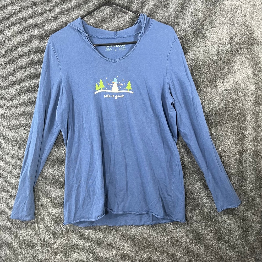 Life is Good Women's L Long Sleeve Crusher Hoodie Shirt Blue Snowman Winter